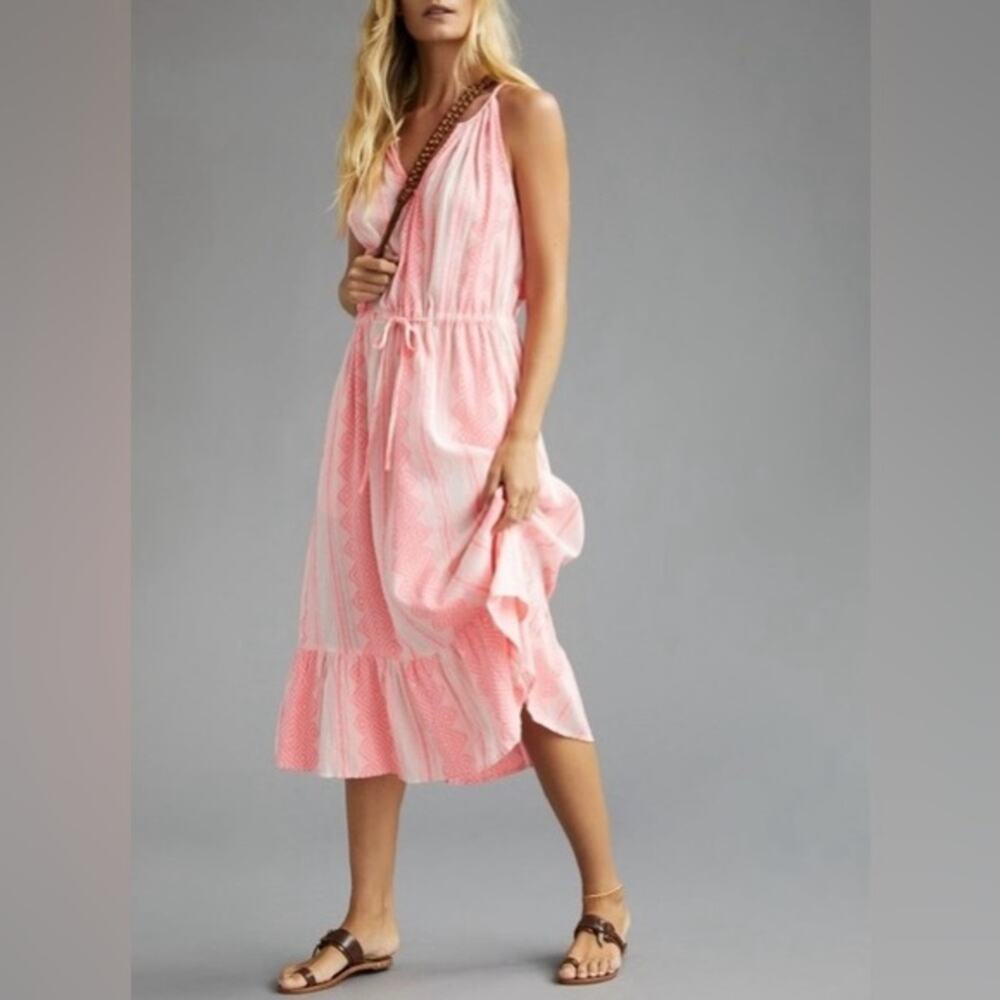 Velvet By Graham & Spencer Pink Embroidered Midi Dress Boho Halter Cotton Sz Lrg